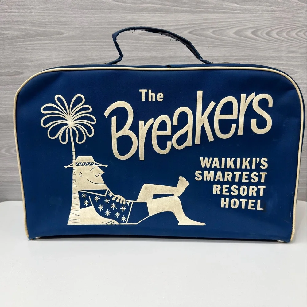 Vintage The Breakers Waikiki Hawaii Souvenir Travel Bag Natco Blue Suitcase